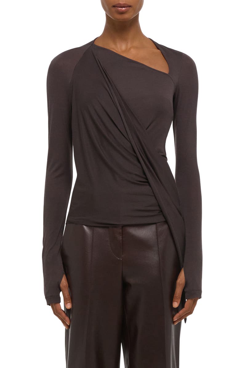 Helmut Lang Asymmetric Faux Wrap Long Sleeve Shirt, Main, color, Dark Roast