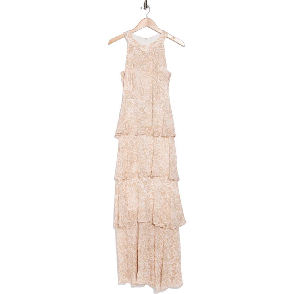 Tommy Hilfiger Floral Halter Neck Tiered Chiffon Maxi Dress In Khaki Multi