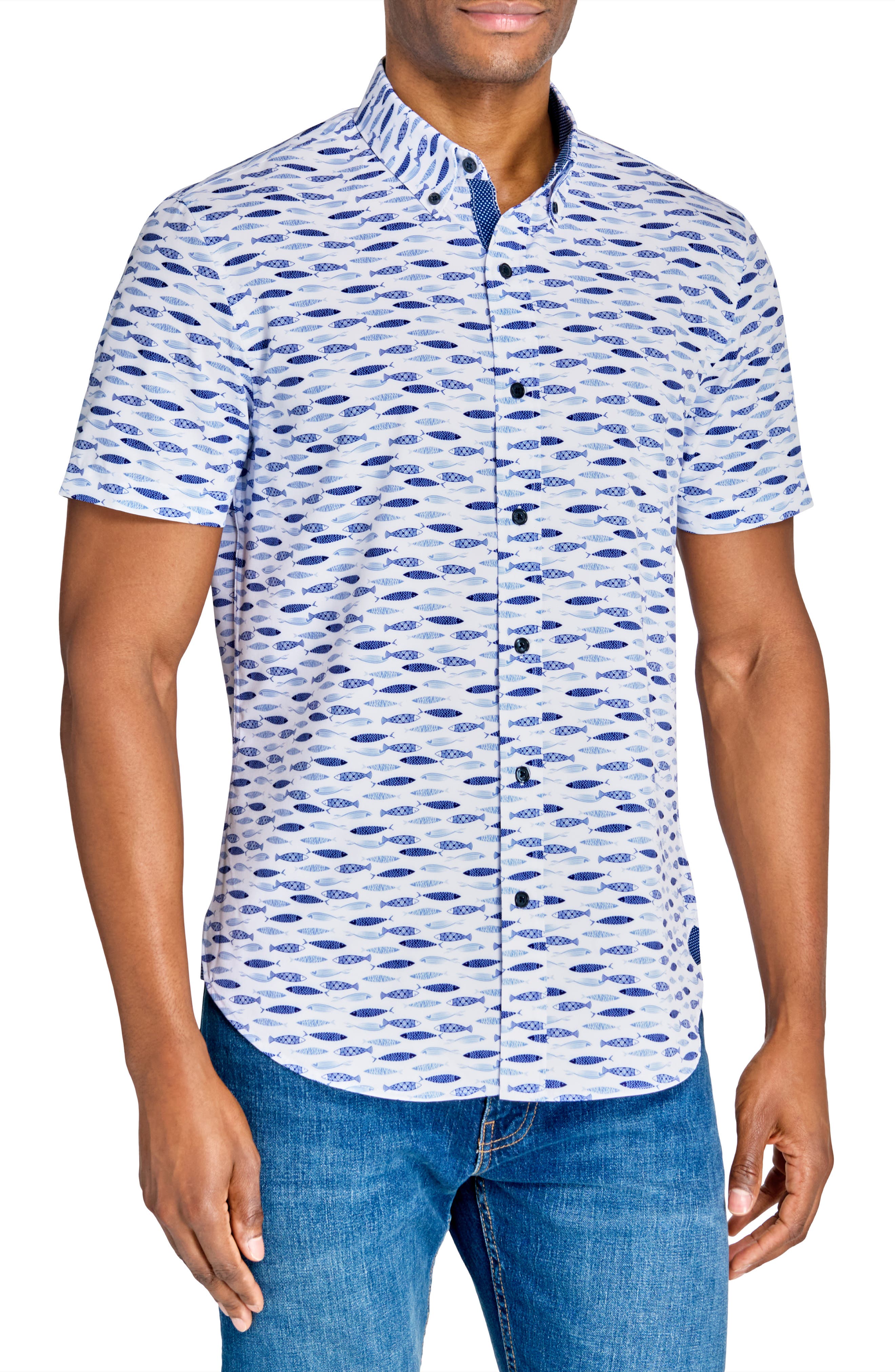 CONSTRUCT Fish Print Short Sleeve Stretch Button-Down Shirt