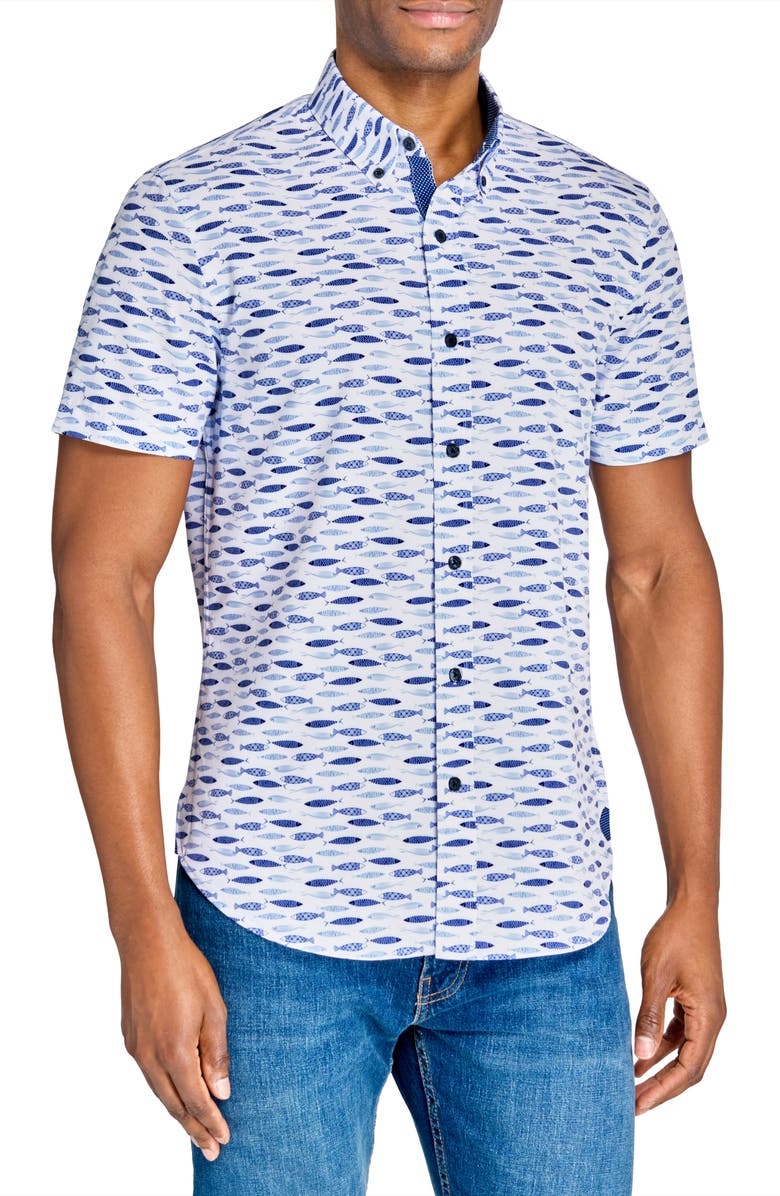 CONSTRUCT Fish Print Short Sleeve Stretch Button-Down Shirt, Main, color, White/Blue