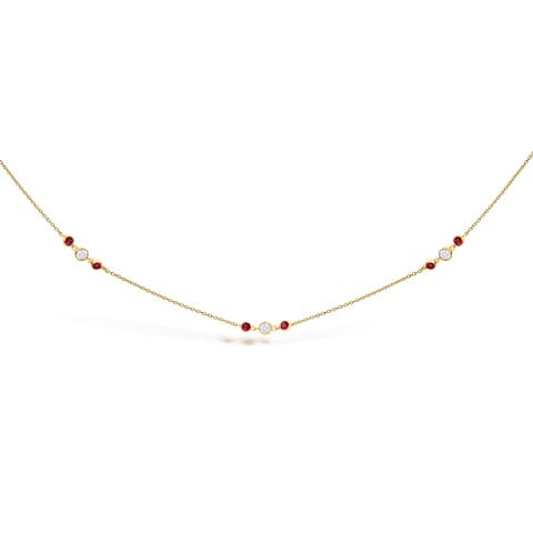 14k Gold Gemstone & 1/2 Cttw Diamond Bezel Station Necklace