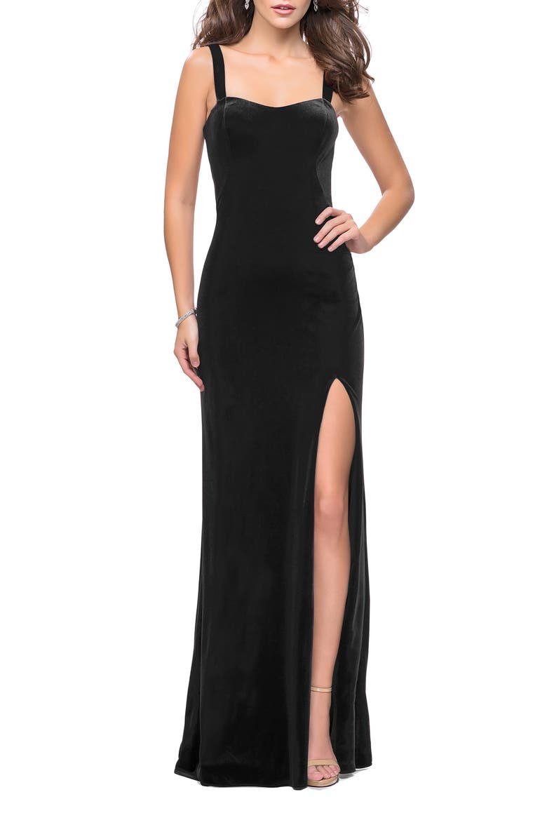 La Femme Velvet Column Gown, Main, color,