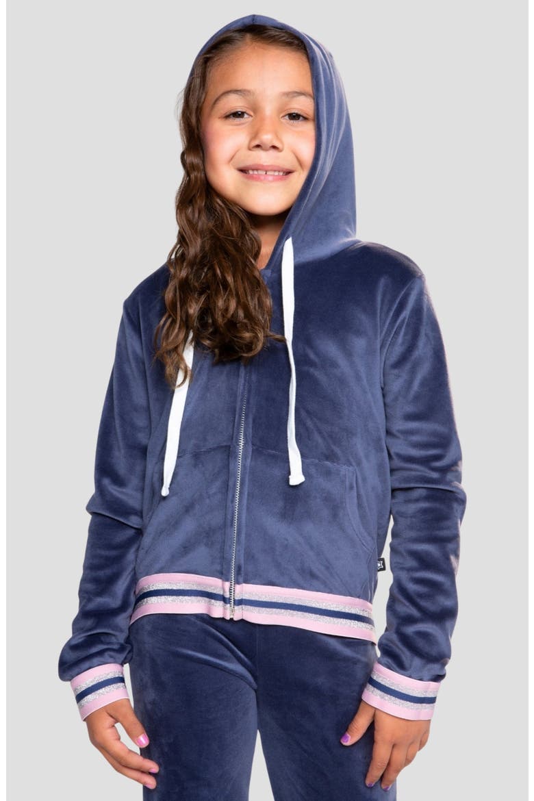 Kids' Velour Cropped Full Zip Hoodie, Alternate, color, VINTAGE NAVY