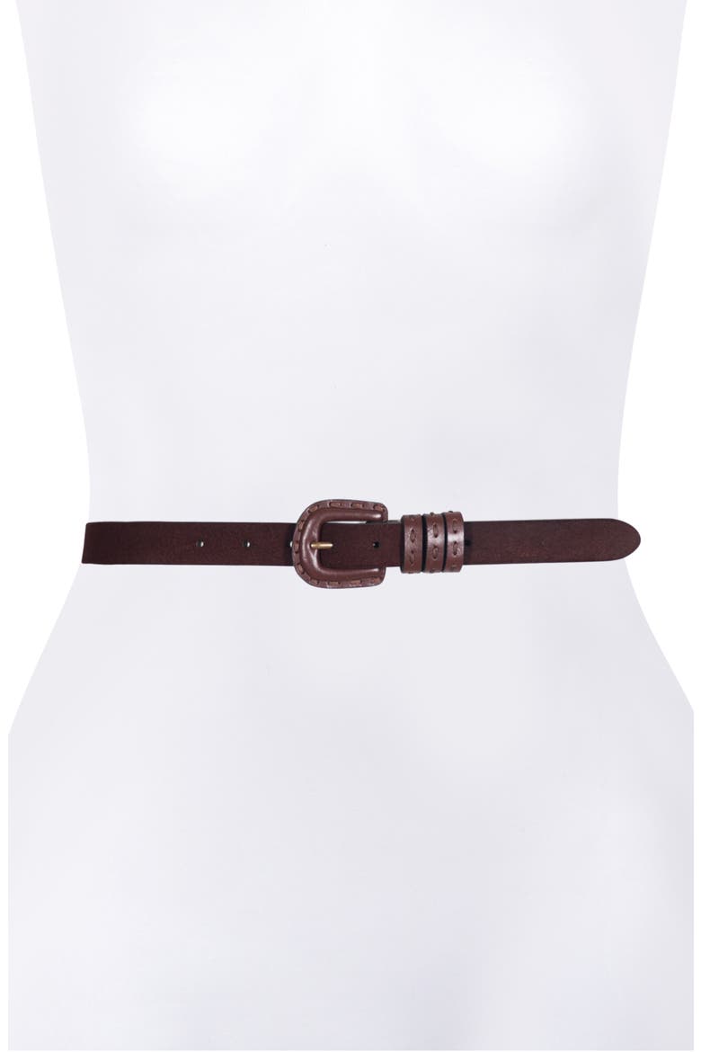 Topstitched Leather Belt, Alternate, color, BROWN