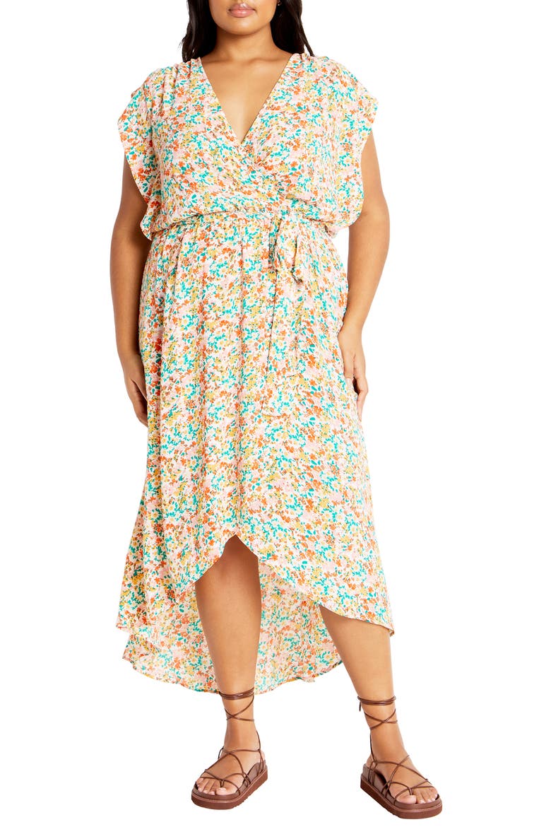 Ditsy Floral Wrap Front Maxi Dress, Main, color, ORANGE FL FIELDS