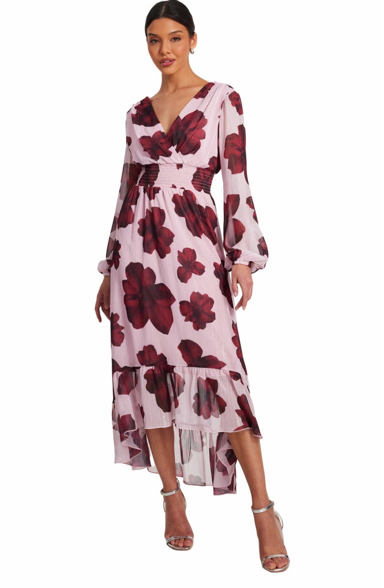 QUIZ Floral Midi Dip Hem Dress, Main, color, Blush