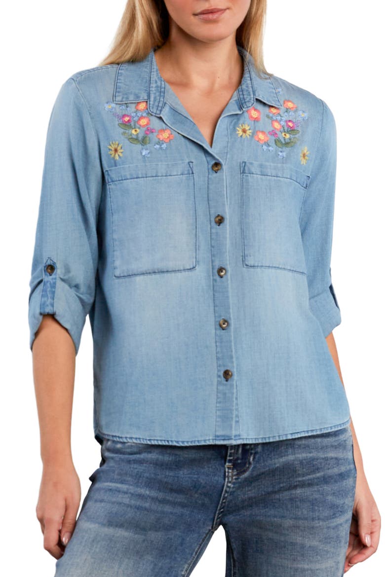 Summer Petal Embroidered Denim Shirt, Main, color, PURE DENIM