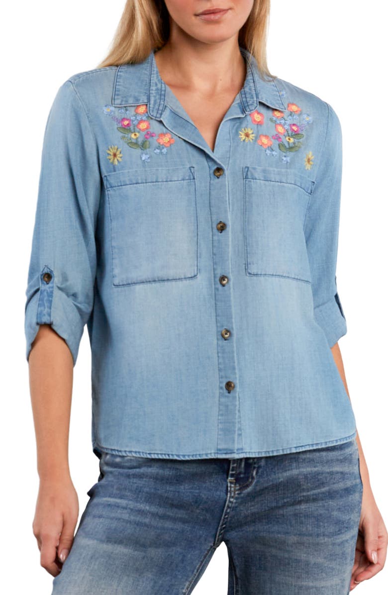 Billy T Summer Petal Embroidered Denim Shirt, Main, color, Pure Denim