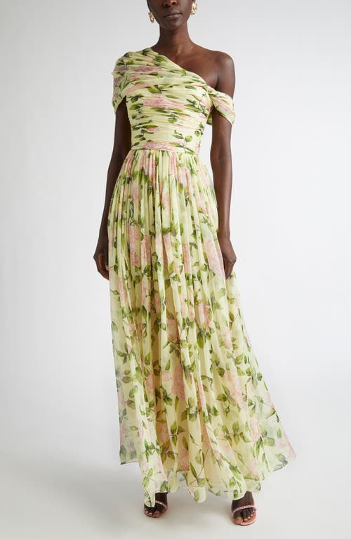 Oscar De La Renta English Rose One Shoulder Silk Chiffon Gown
