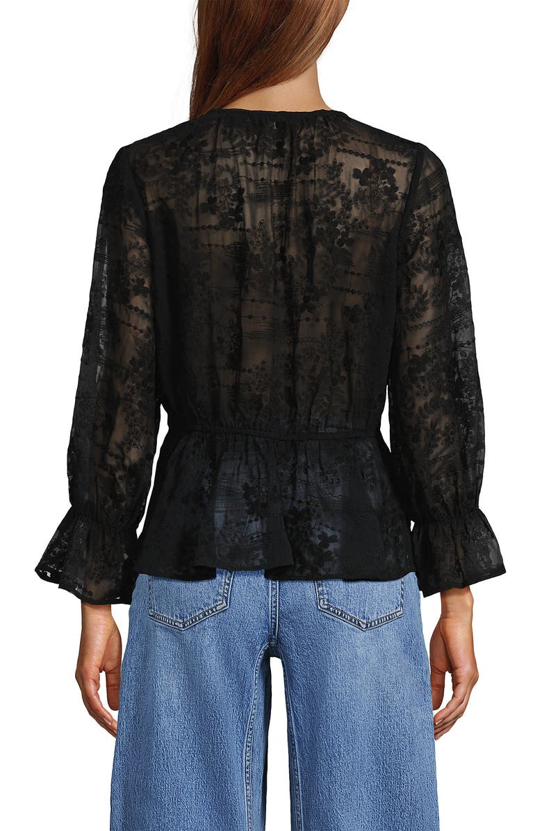 Lands' End Feminine Ruffle Chiffon V Neck Blouse, Alternate, color, Black