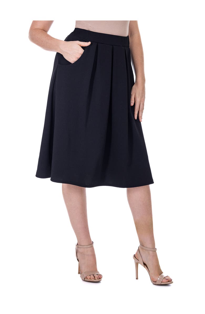24seven Comfort Apparel Elastic Waist Pleated Knee Length Pocket Skirt, Alternate, color, Black