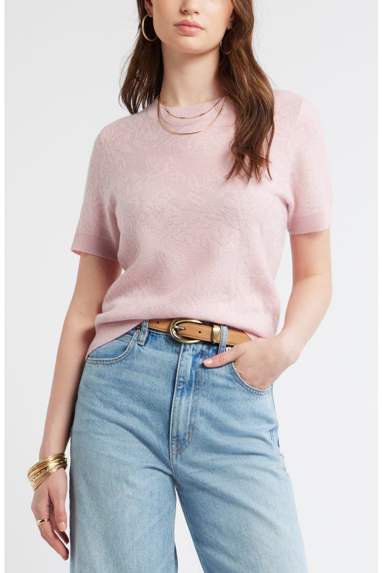 Floral Jacquard Short Sleeve Wool & Cashmere Sweater, Main, color, PINK TIMBER