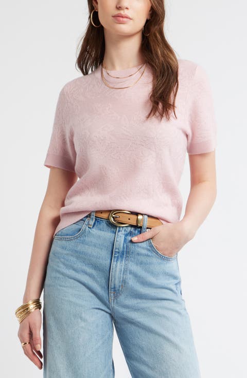 Floral Jacquard Short Sleeve Wool & Cashmere Sweater