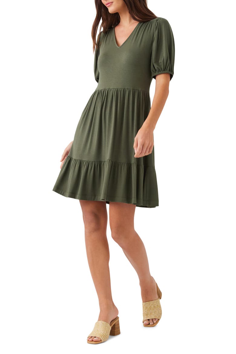 Tiered Puff Sleeve A-Line Dress, Alternate, color, OLIVE