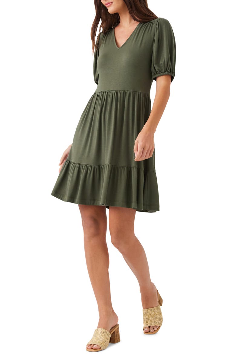 Karen Kane Tiered Puff Sleeve A-Line Dress, Alternate, color, Olive