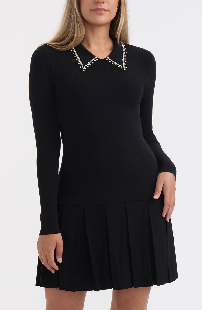 Ellen Tracy Embellished Collar Long Sleeve Sweater Dress, Alternate, color, Black
