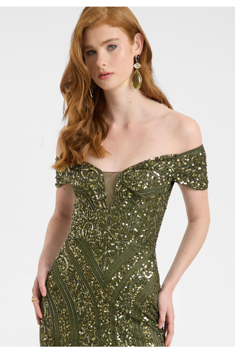 Embellished Sequin Gown, Alternate, color, OLIVE