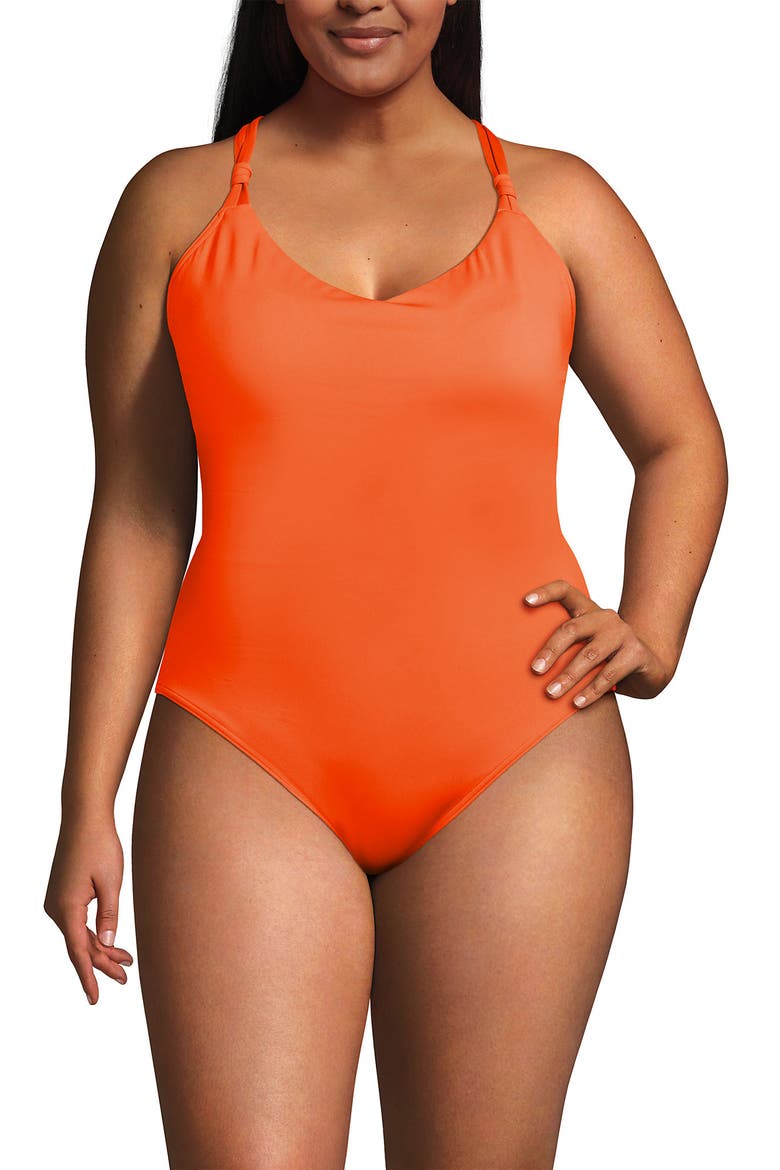Plus Size Tugless QuickDry V-Neck Multi-Way High Leg One Piece Swimsuit, Main, color, Neon Tangerine
