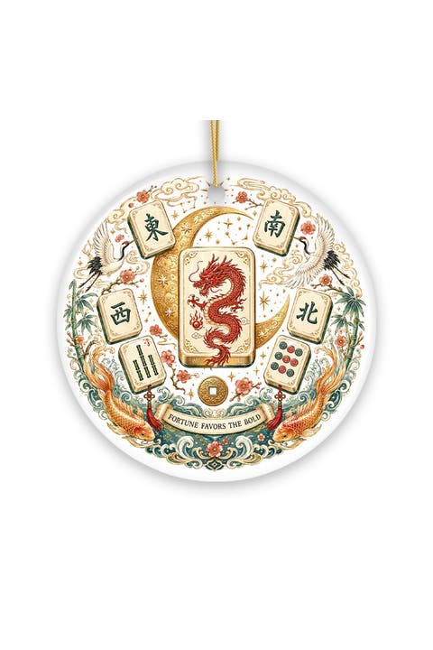 Mahjong Dragon Tiles Crane And Koi Round Ornament