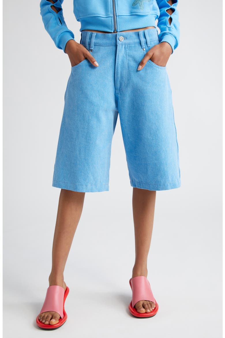 x Disney 'The Little Mermaid' High Waist Embroidered Denim Shorts (Nordstrom Exclusive), Main, color, BLUE