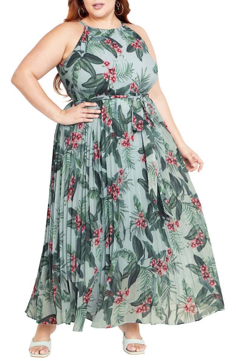 City Chic Rebecca Orchid Print Halter Neck Pleated Chiffon Maxi Dress, Main, color, 