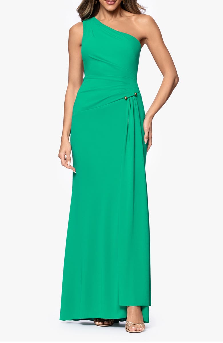 Xscape Evenings Caroline Matte Jersey One-Shoulder Gown, Main, color, Emerald