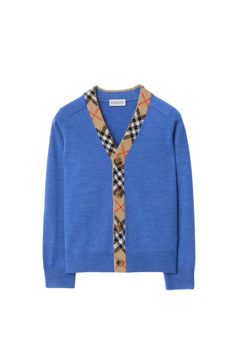 Burberry Check Trim Wool Cardigan, Main, color, Hyacinth Blue