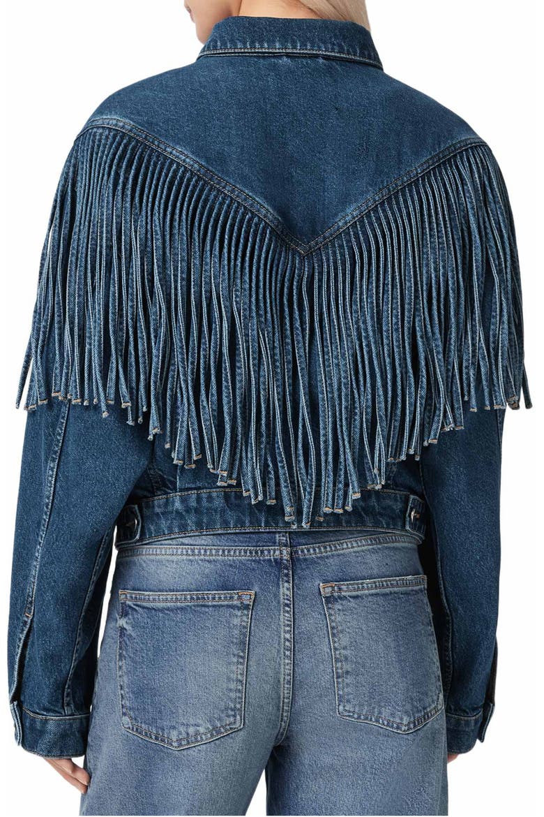 Marlene Fringe Trim Denim Jacket, Alternate, color, DARK INDIGO
