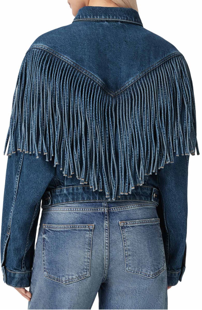 AllSaints Marlene Fringe Trim Denim Jacket, Alternate, color, Dark Indigo