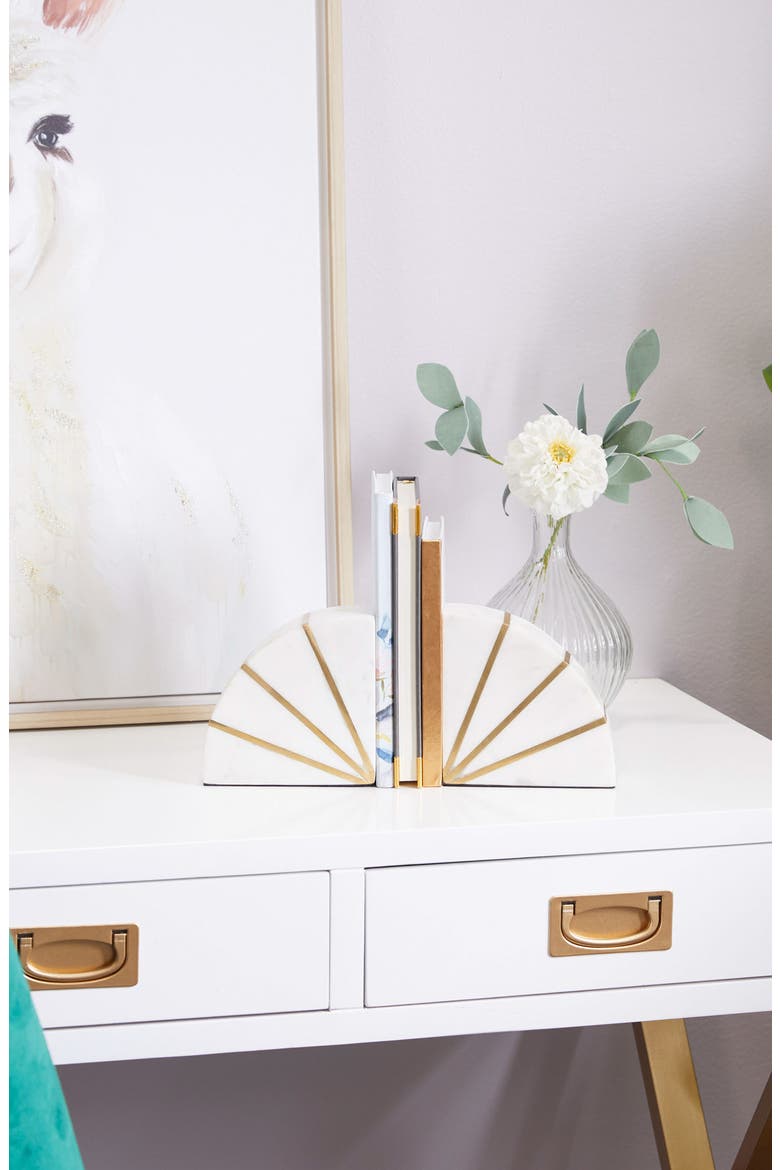 White Marble Geometric Bookends with Gold Inlay - Set of 2, Alternate, color, WHITE