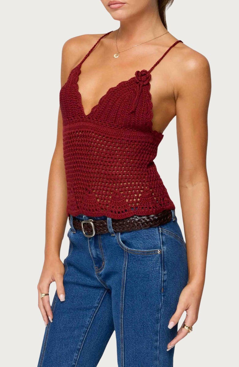 EDIKTED Delila V-Neck Crochet Top, Alternate, color, Burgundy