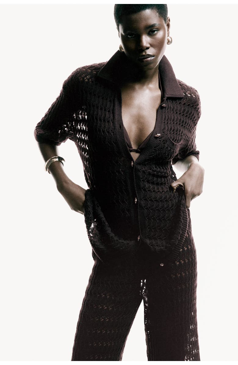 H&M Crochet-look Cotton Cardigan, Alternate, color, Dark Brown