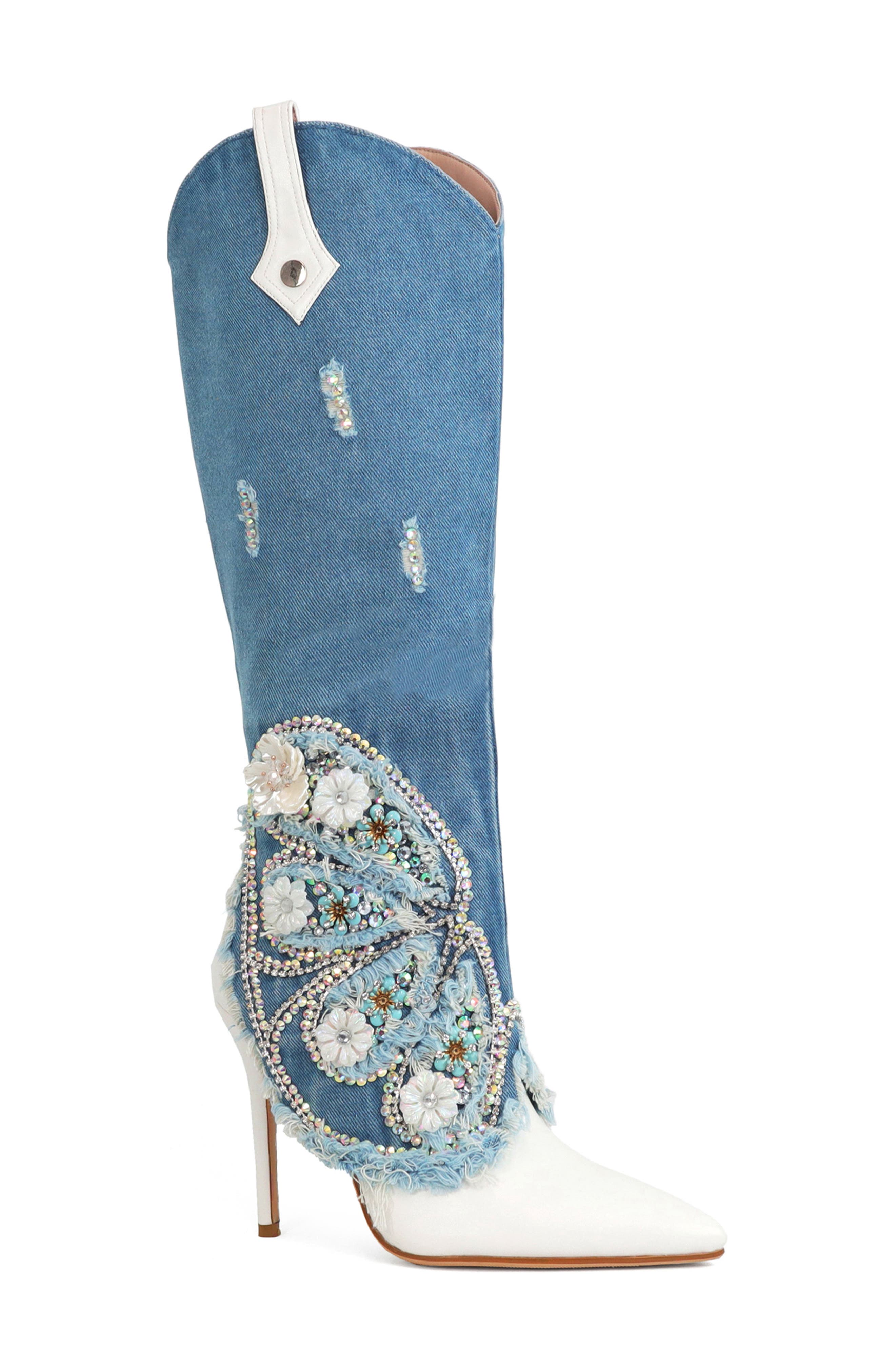 YOKI Nylan Embellished Denim Western Boot, Main, color, Denim