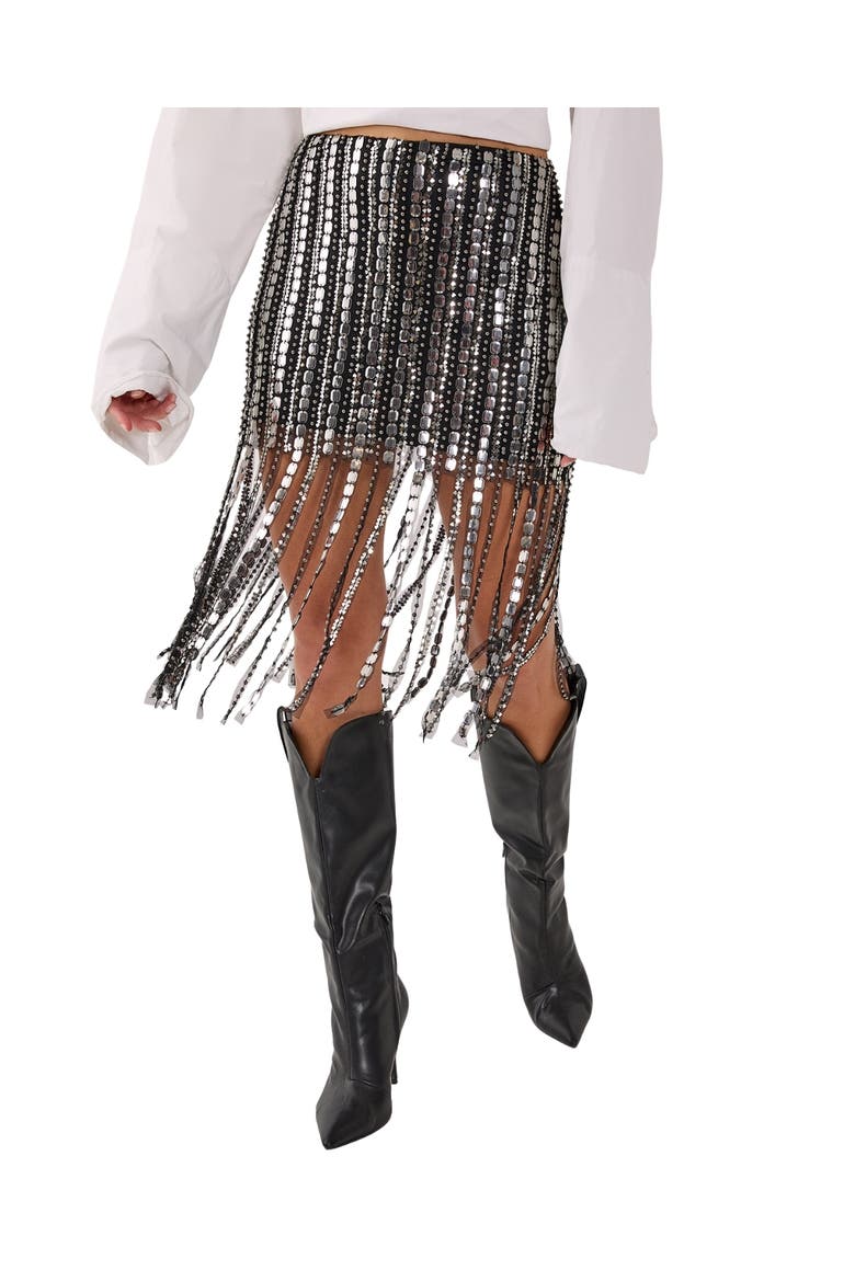 Beaded Tassel Mini Skirt, Alternate, color, Black