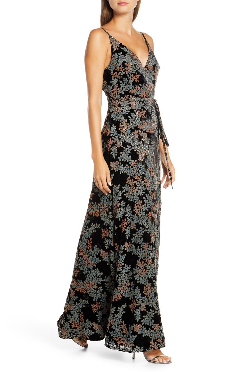Jenny Yoo Selma Velvet Burnout Faux Wrap Evening Gown, Alternate, color,