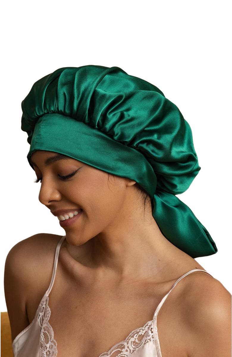 SILKSILKY Women's Silk Casual Bonnet with Long Ribbons, Alternate, color, Darkgreen