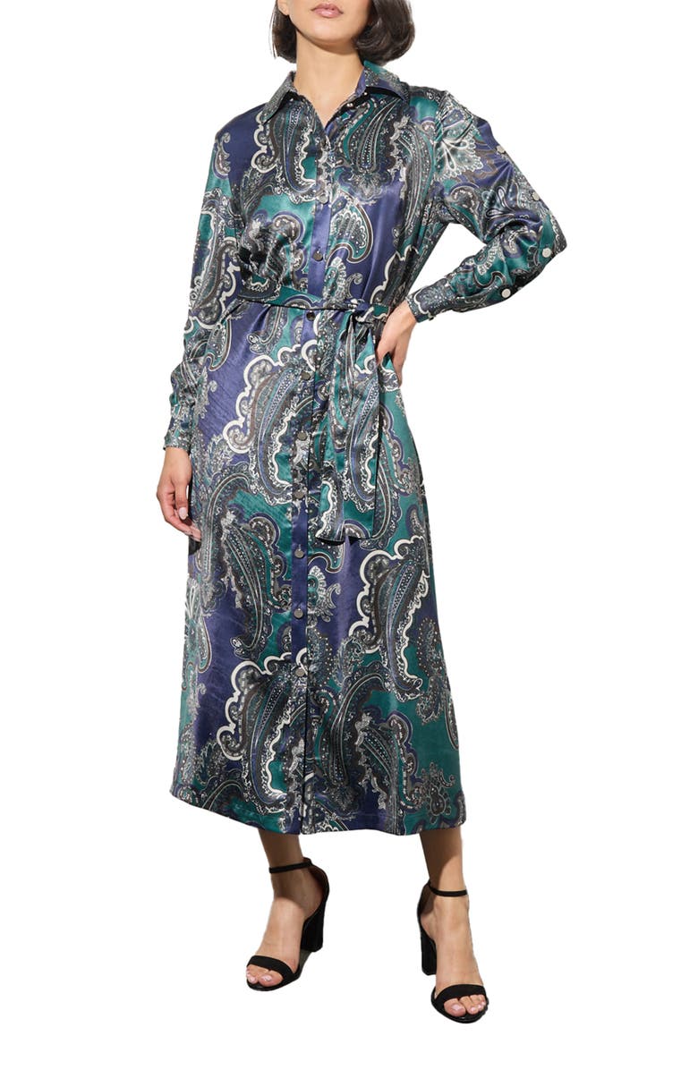 Ming Wang Paisley Print Tie Belt Long Sleeve Charmeuse Midi Shirtdress, Main, color, 
