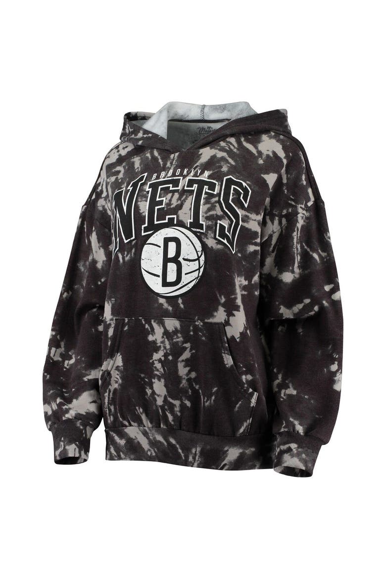 Women's Majestic Threads Black Brooklyn Nets Burble Tie-Dye Tri-Blend Pullover Hoodie, Alternate, color, Black