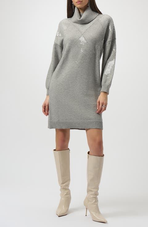 Sequin Diamond Turtleneck Sweater Dress