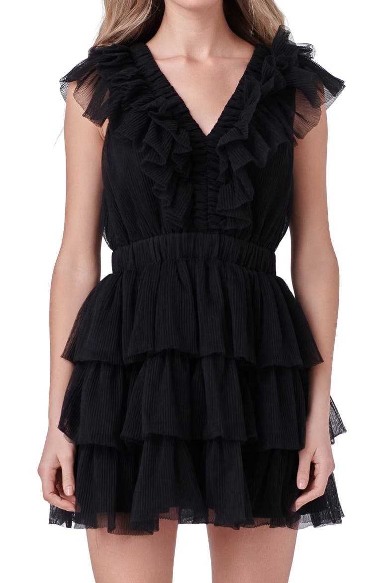 Tiered Ruffle Tulle Minidress, Alternate, color, BLACK