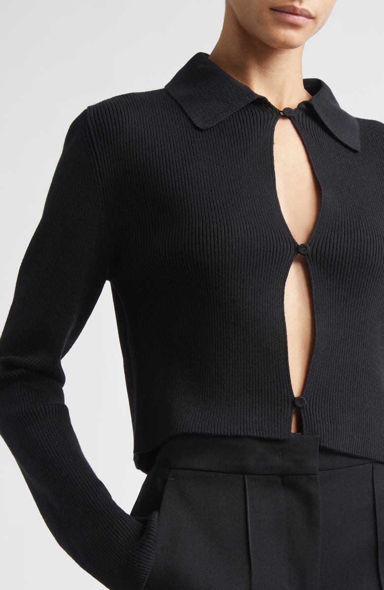 Jil Sander Virgin Wool Rib Polo Cardigan, Alternate, color, Black