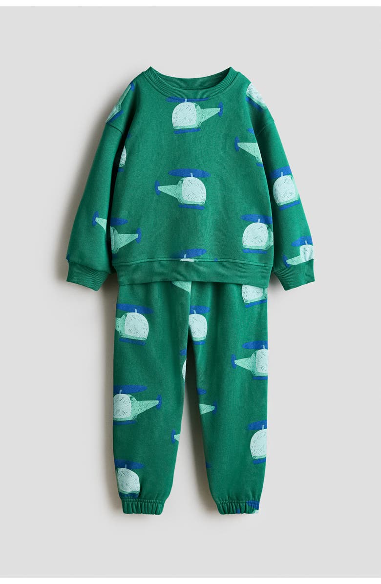 H&M 2-piece Printed Sweatshirt Set, Main, color, Green/Helicopters