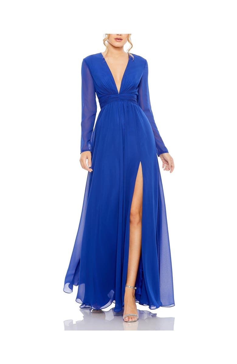 Mac Duggal V-Neck Front Twist Long Sleeve Gown, Main, color, Sapphire
