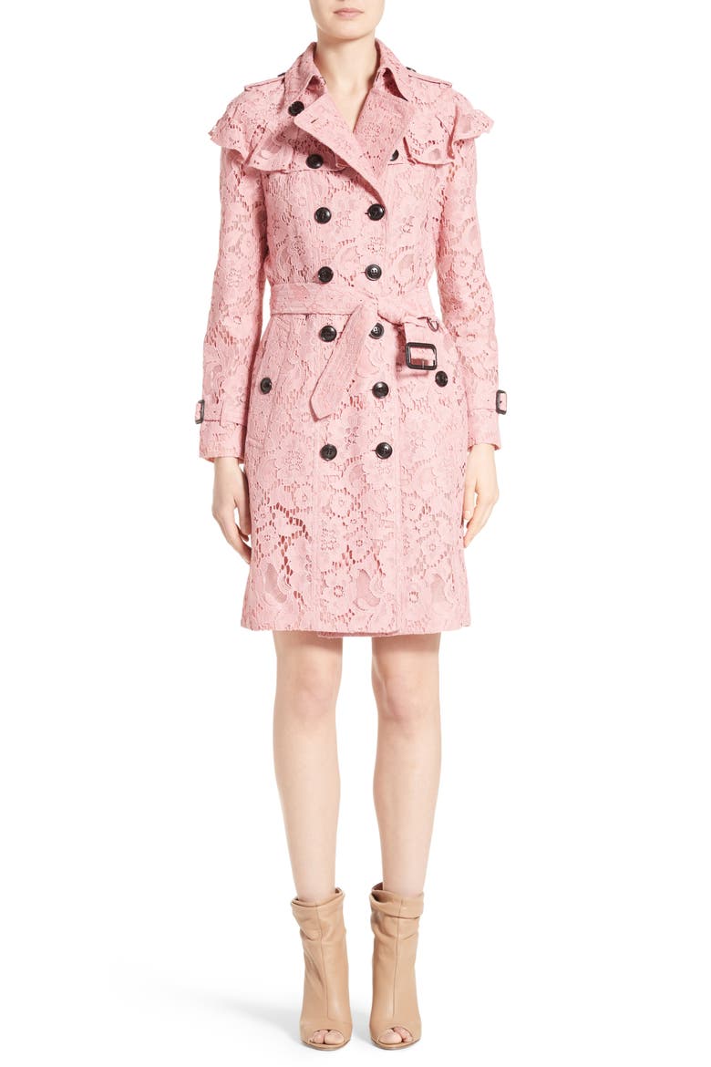 Stanhill Ruffle Lace Trench Coat, Main, color, ANTIQUE ROSE