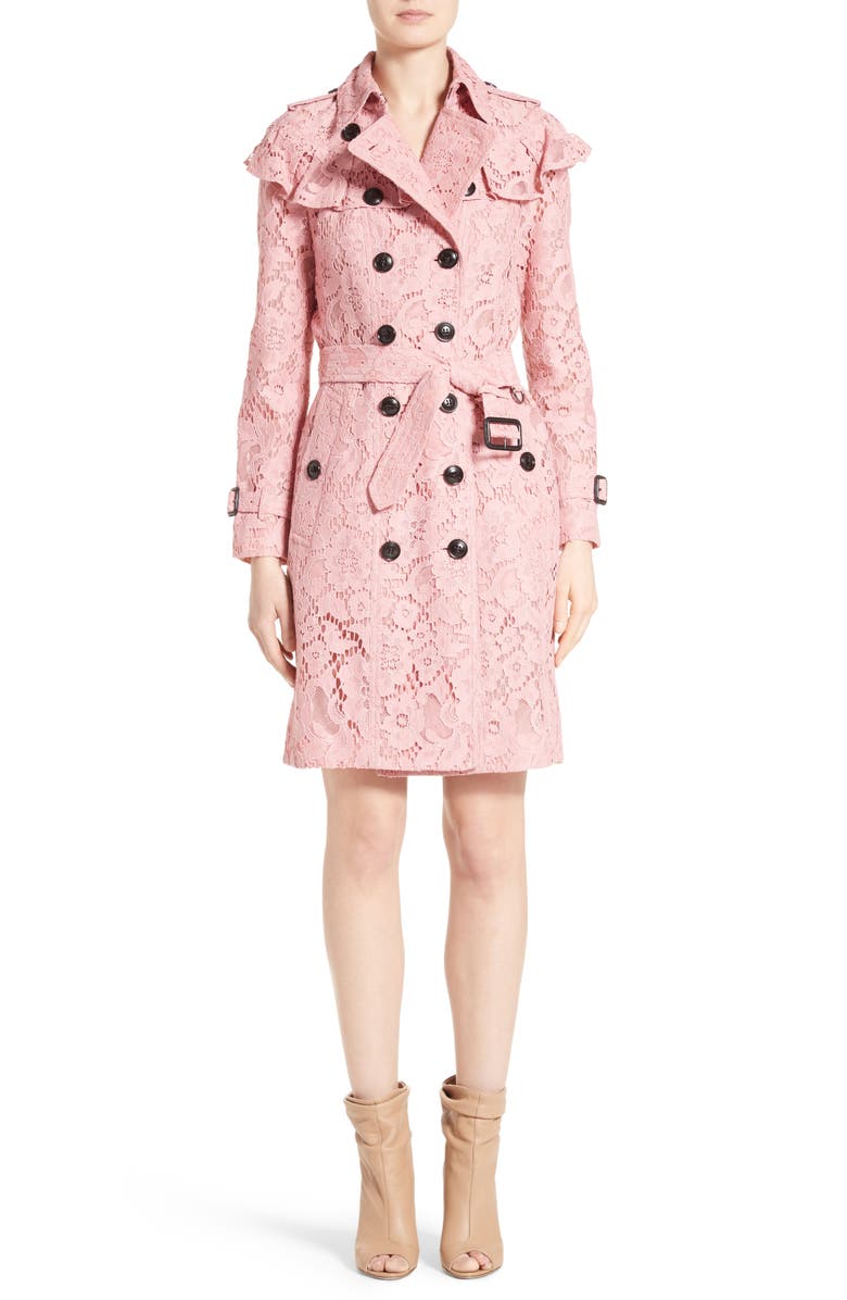 Burberry Stanhill Ruffle Lace Trench Coat, Main, color,