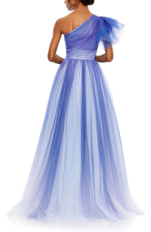Mac Duggal Glitter Ombre Ruffled One Shoulder Ballgown In Royal Ombre