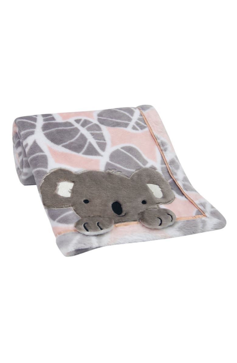 Lambs & Ivy Calypso Koala Leaf Print Luxury Coral Fleece Baby Blanket, Main, color,