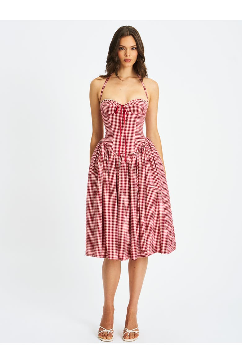 Susanna Gingham Halter Drop Waist Midi Dress, Alternate, color, Red and white cotton gingham