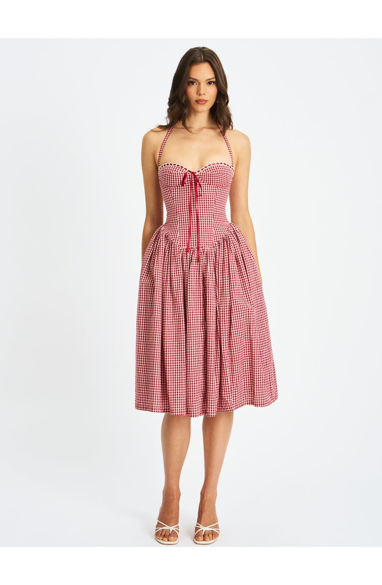 Miss Circle Susanna Gingham Halter Drop Waist Midi Dress, Alternate, color, Red And White Cotton Gingham