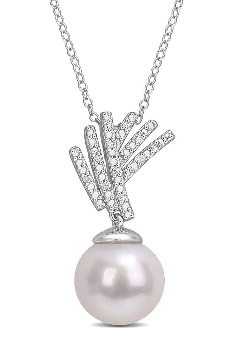 Diamond & 11-12mm Freshwater Pearl Pendant Necklace, Main, color, WHITE